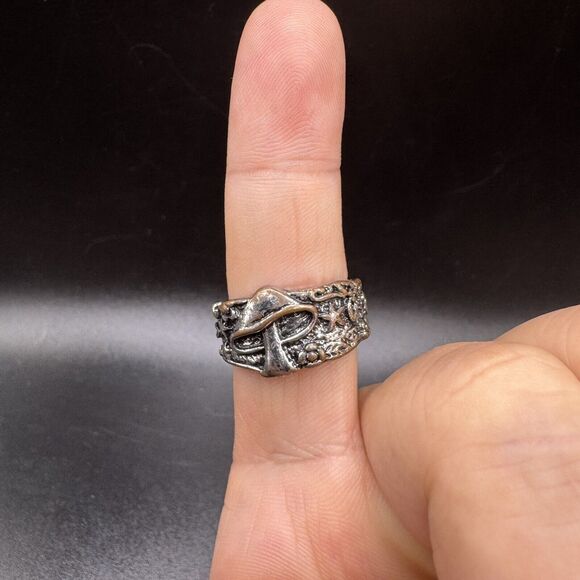 Vintage 925 Silver Ring Mushrooms Stars Plants And Flowers Hippie Y2K Style - Picture 1 of 6